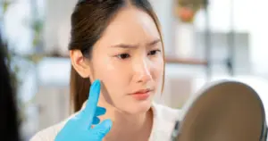 Woman Examining Her Skin After Skincare Treatments by Sheperd Integrative Dermatology in Mt. Pleasant SC